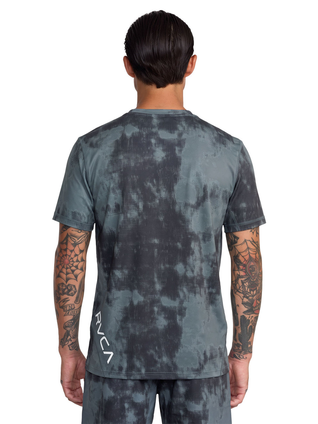 Dark Grey athletic tie-dye t-shirt with a  vertical 'RVCA' logo printed on the lower back. Back View