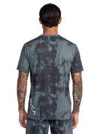 Dark Grey athletic tie-dye t-shirt with a  vertical 'RVCA' logo printed on the lower back. Back View