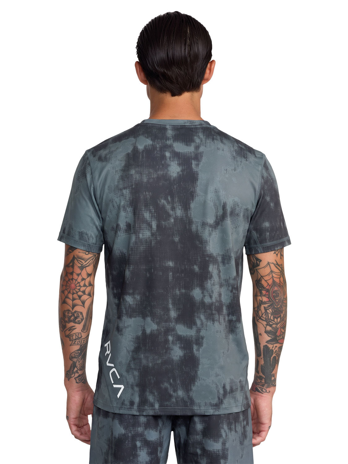 Dark Grey athletic tie-dye t-shirt with a  vertical 'RVCA' logo printed on the lower back. Back View