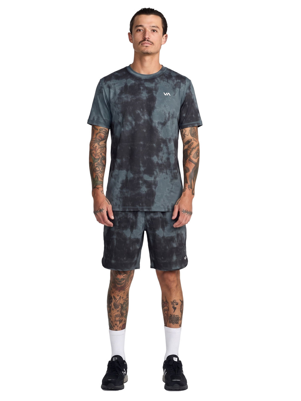 Dark Grey athletic tie-dye t-shirt with a 'VA' logo on the left chest. Front Full View