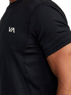 Black athletic t-shirt with a 'VA' logo on the left chest. Front Close Up View