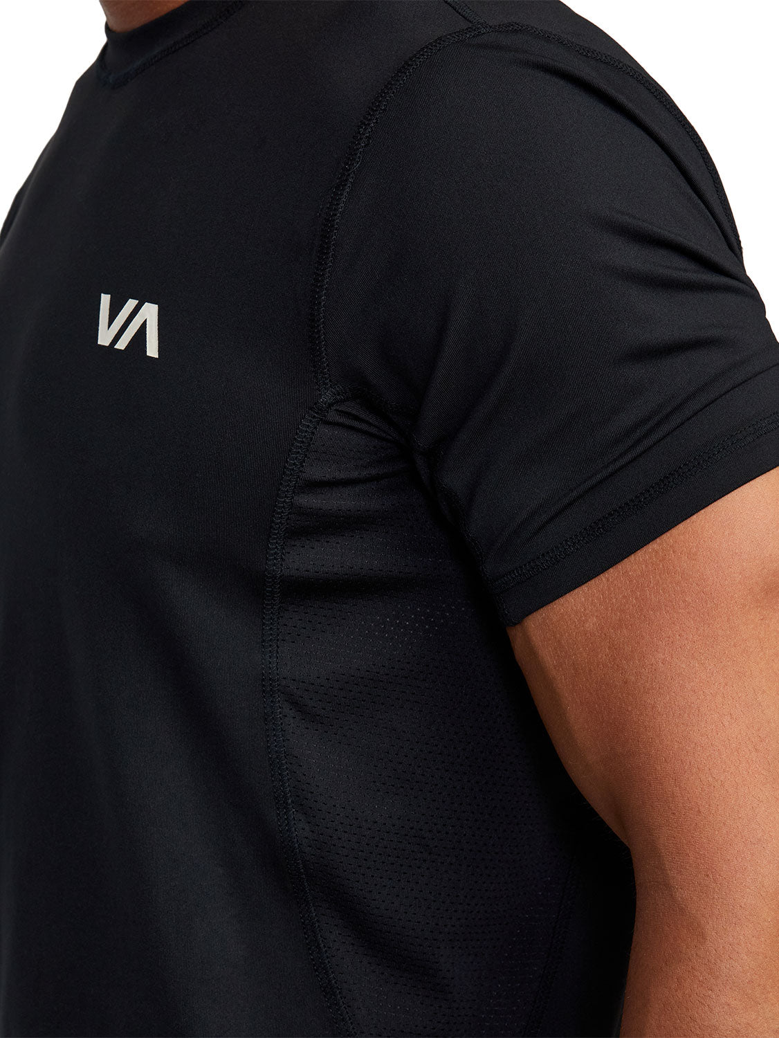 Black athletic t-shirt with a 'VA' logo on the left chest. Front Close Up View