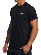 Black athletic t-shirt with a 'VA' logo on the left chest. Front Side View