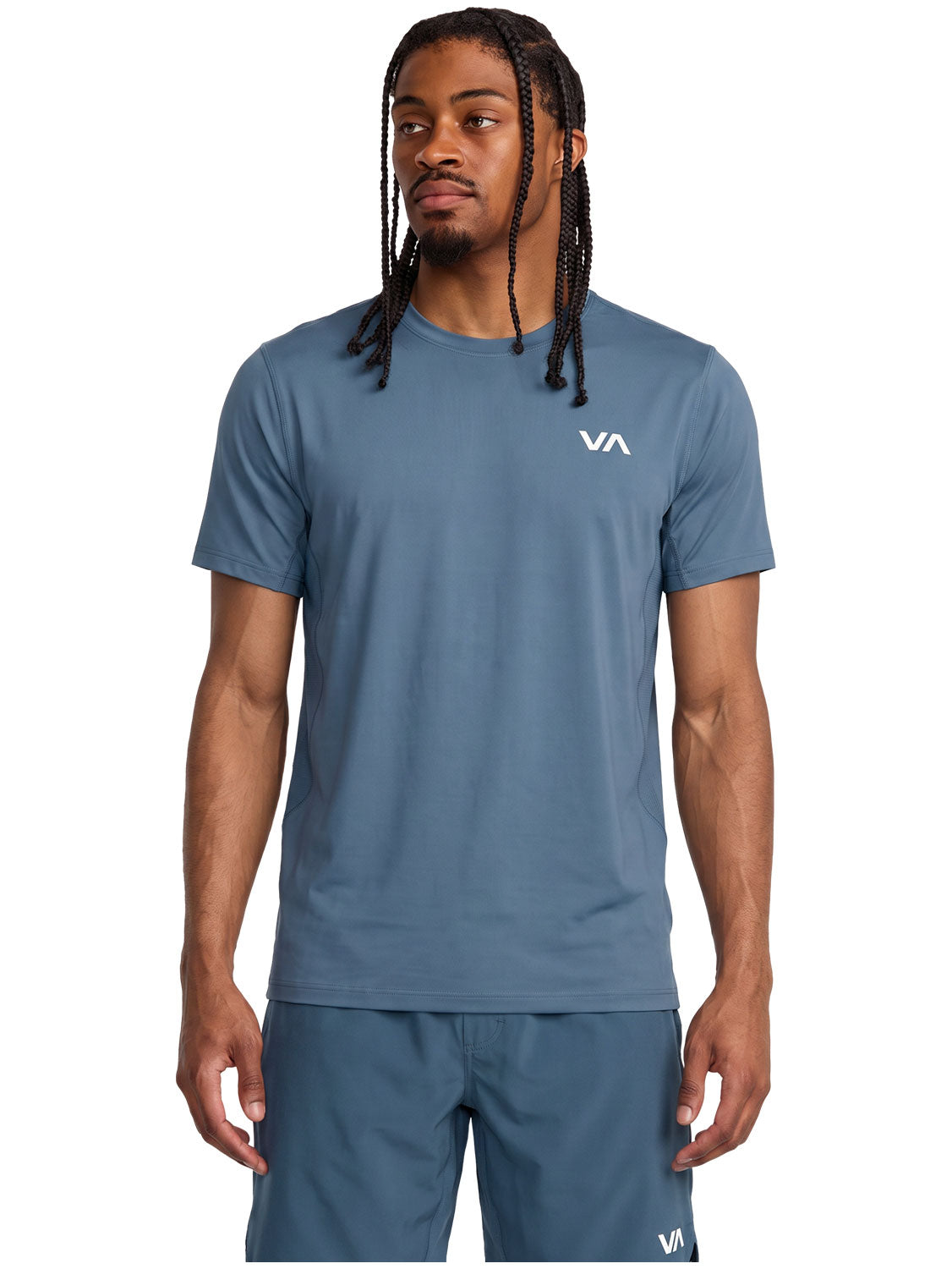 Blue athletic t-shirt with a 'VA' logo on the left chest. Front View