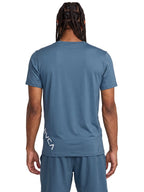 Blue athletic t-shirt with a black vertical 'RVCA' logo printed on the lower back. Back View