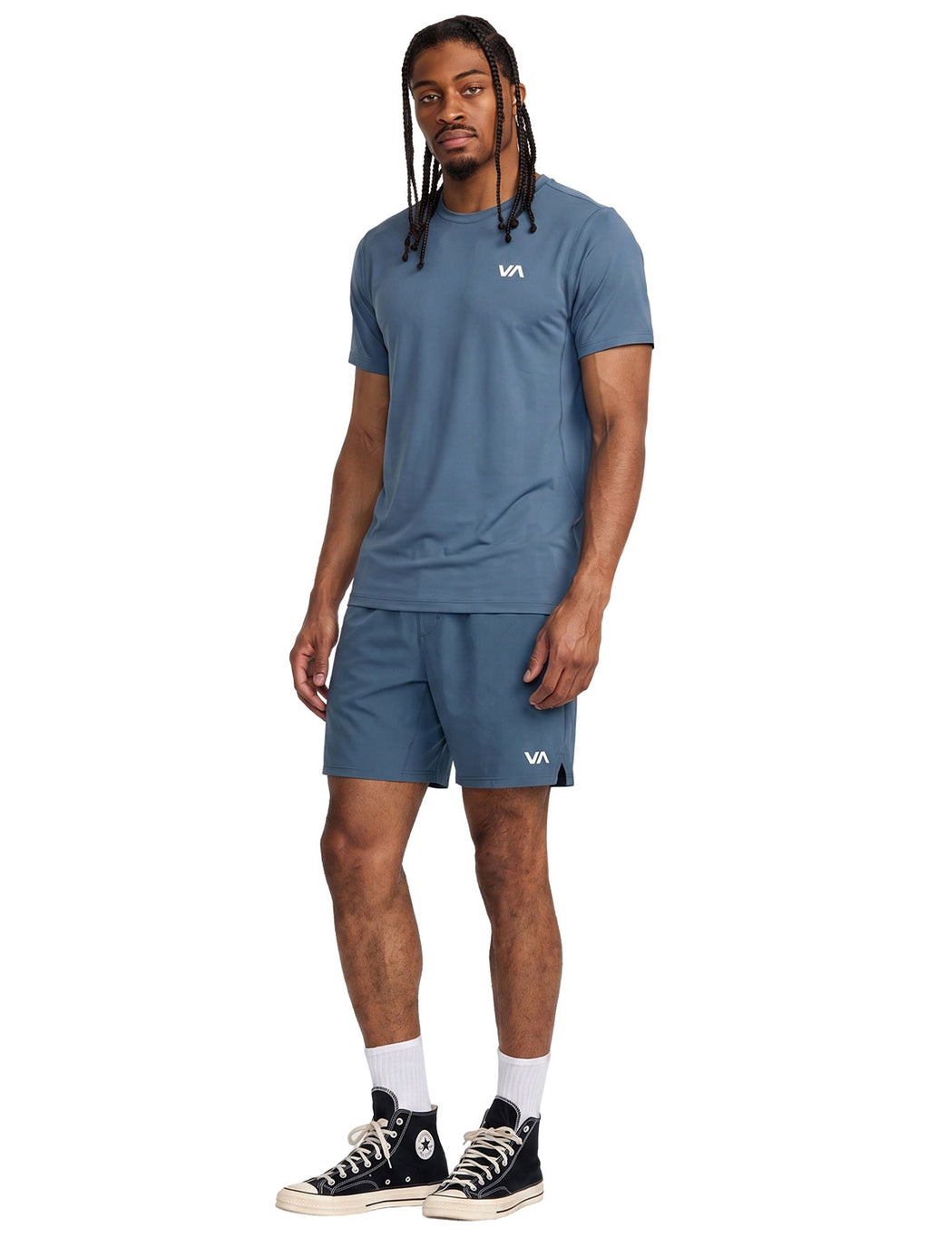 Blue athletic t-shirt with a 'VA' logo on the left chest. Front Full View