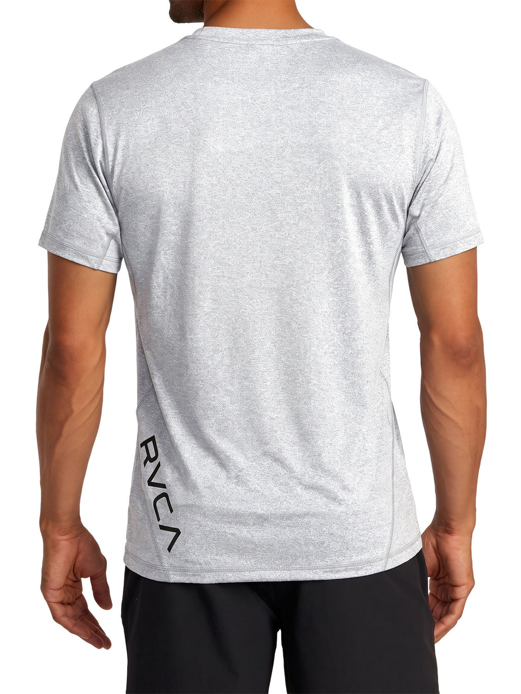 Grey athletic t-shirt with a black vertical 'RVCA' logo printed on the lower back. Back View