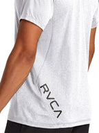 Grey athletic t-shirt with a black vertical 'RVCA' logo printed on the lower back. Back Close Up View
