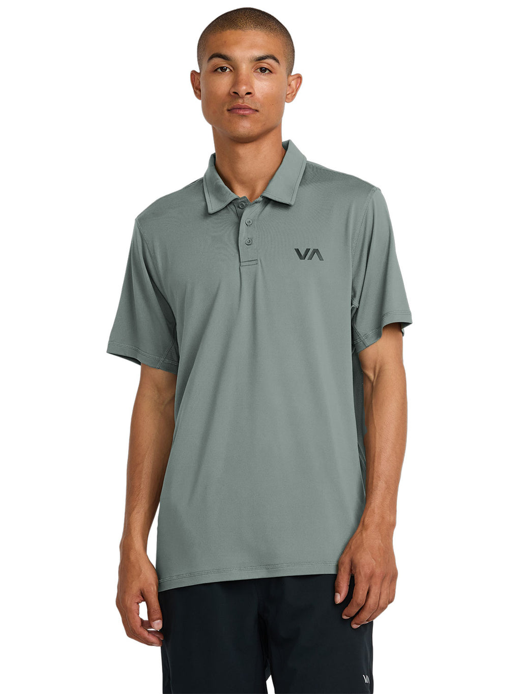 Green short-sleeve polo shirt with a  'VA' logo on the left chest. Front View