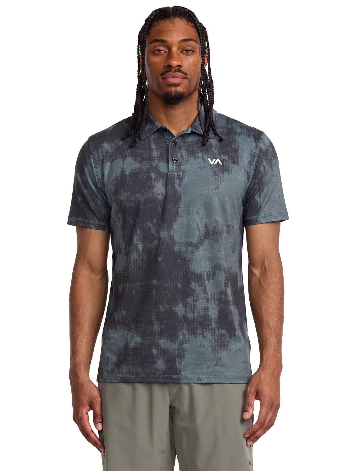 Dark Grey short-sleeve tie-dye polo shirt with a  'VA' logo on the left chest. Front View