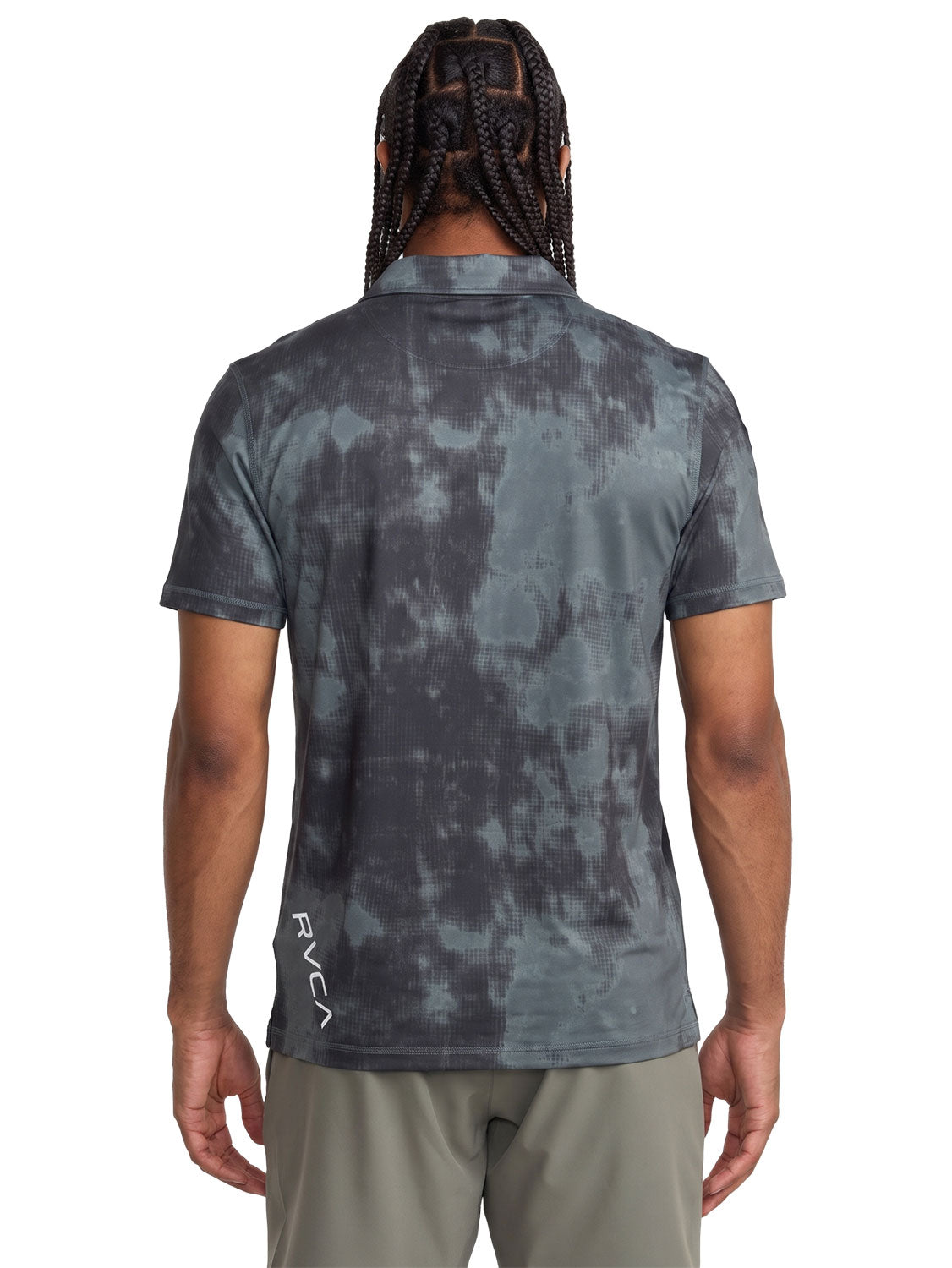 Dark Grey tie-dye short-sleeve polo shirt with a black RVCA logo printed vertically near the lower left side. Back View