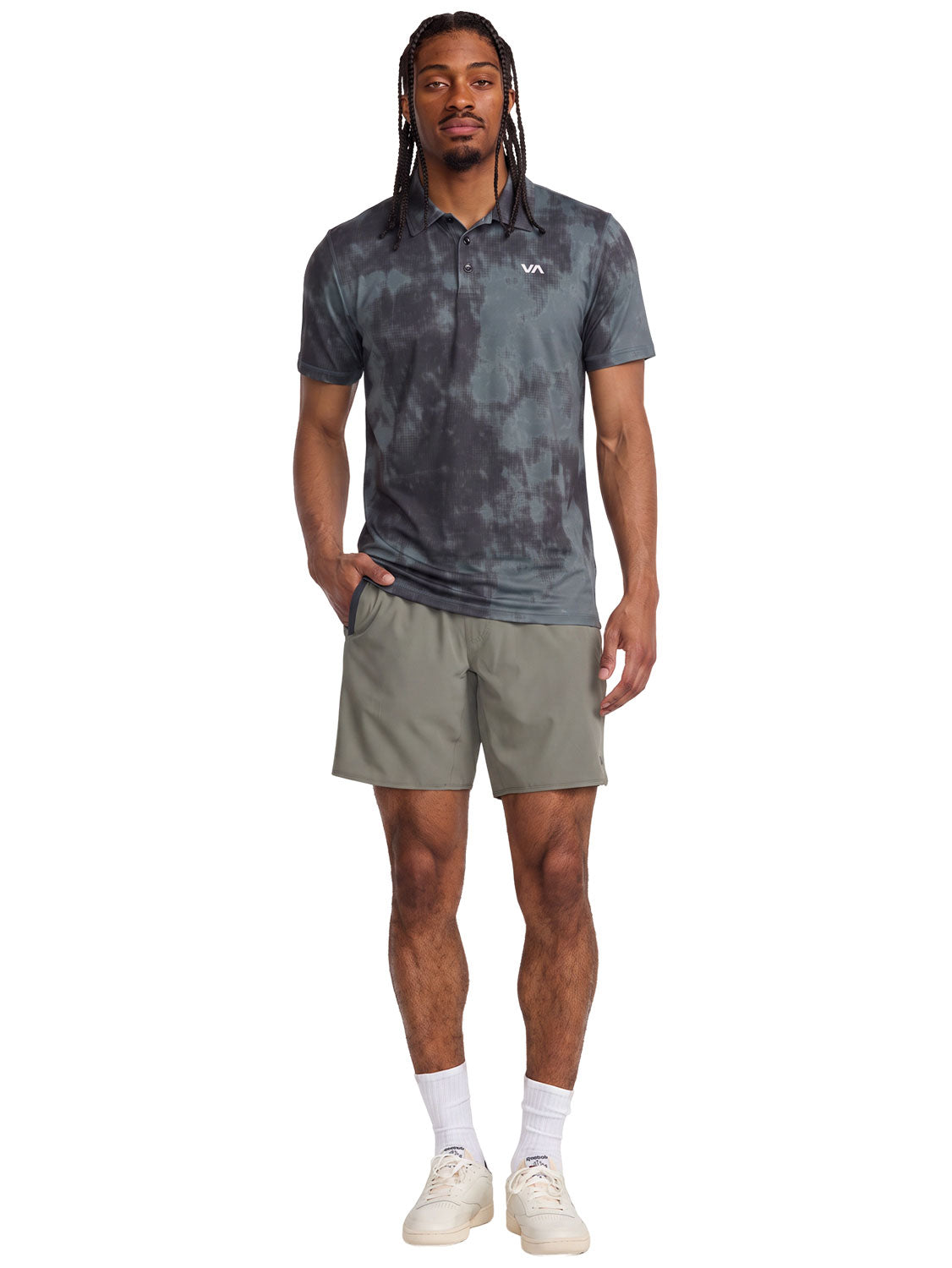 Dark Grey short-sleeve tie-dye polo shirt with a  'VA' logo on the left chest. Front  Full Body View