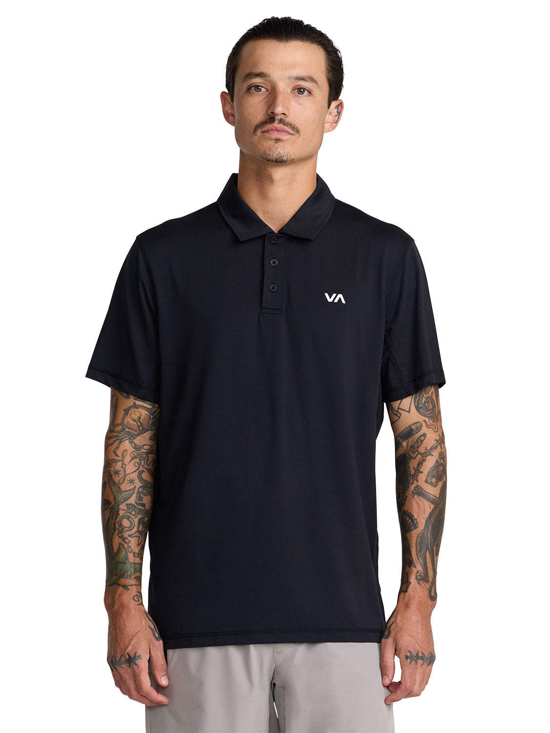 Black short-sleeve polo shirt with a  'VA' logo on the left chest. Front View