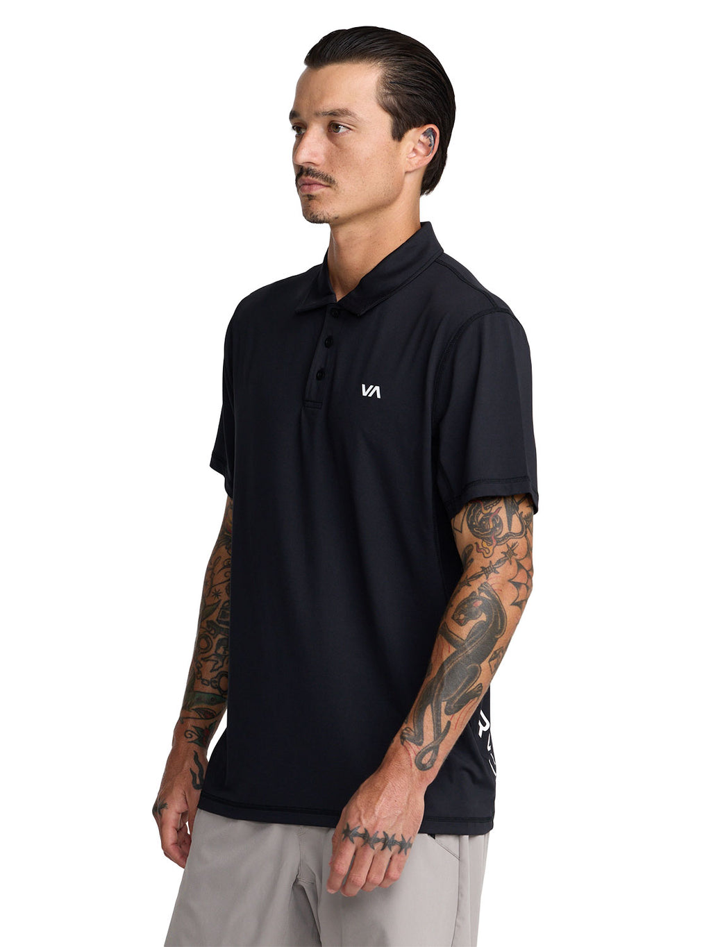 Black short-sleeve polo shirt with a  'VA' logo on the left chest. Front side View
