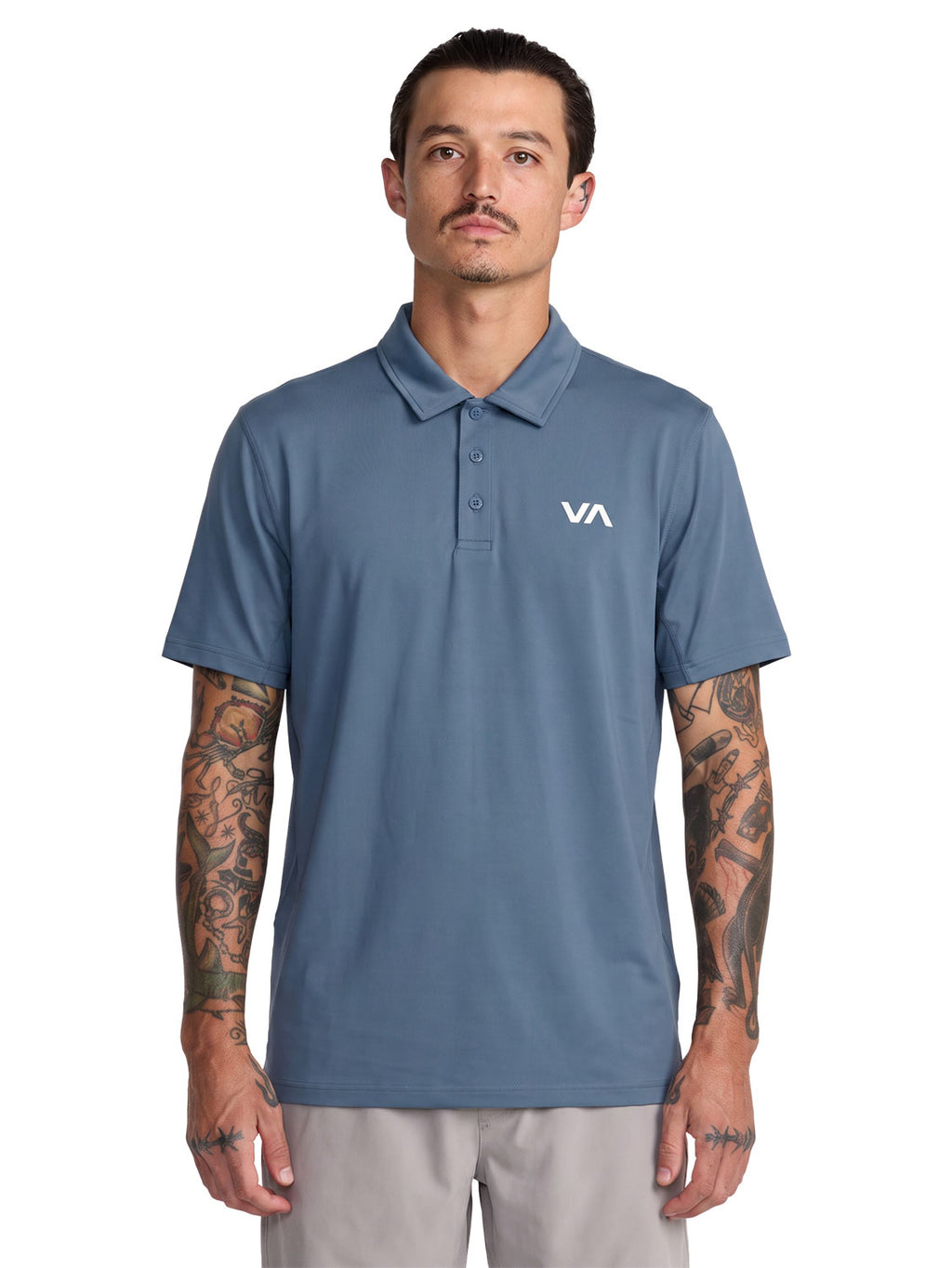 Blue short-sleeve polo shirt with a  'VA' logo on the left chest. Front View