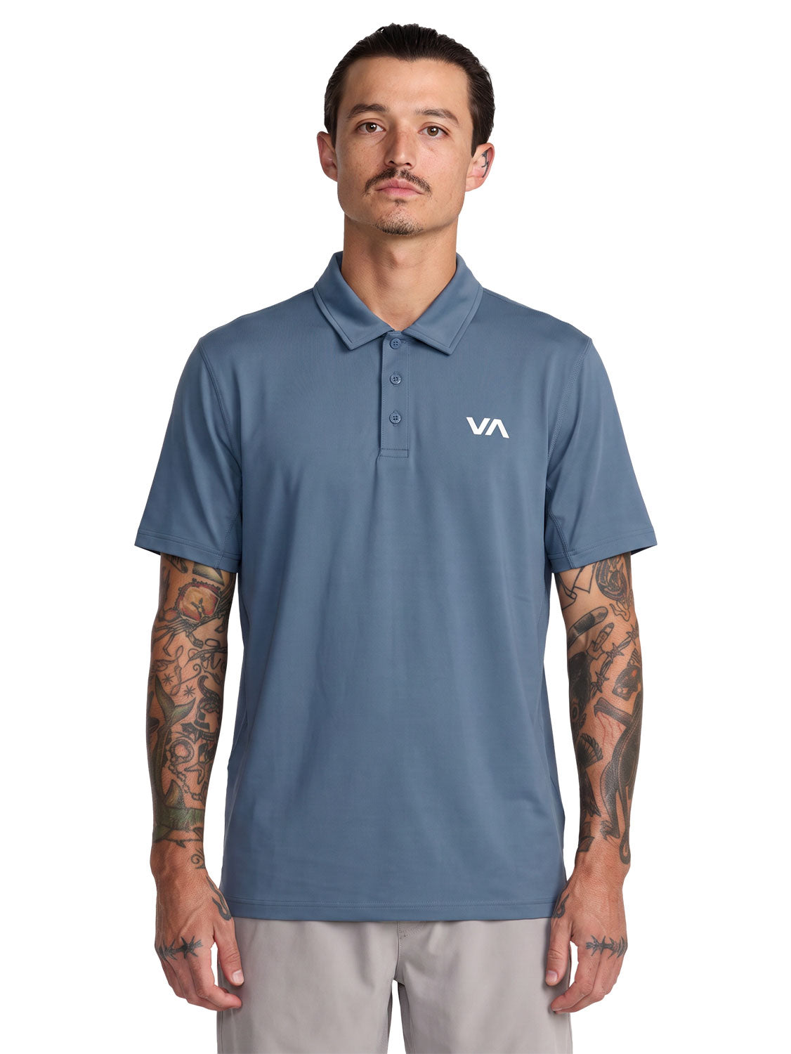 Blue short-sleeve polo shirt with a  'VA' logo on the left chest. Front View