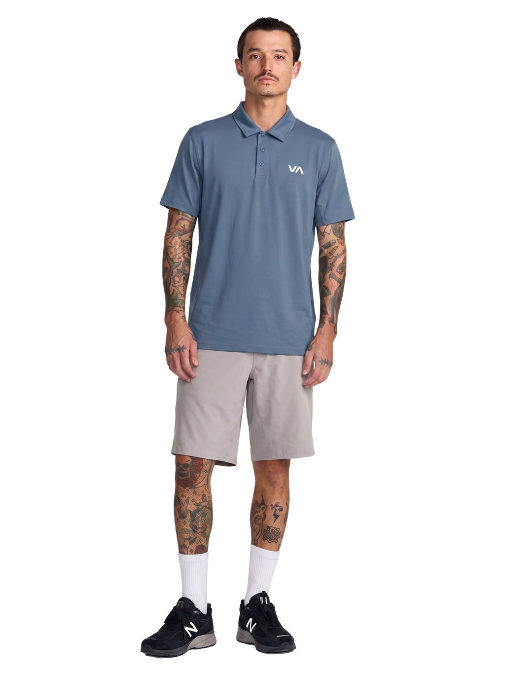 Blue short-sleeve polo shirt with a  'VA' logo on the left chest. Front  Full Body View
