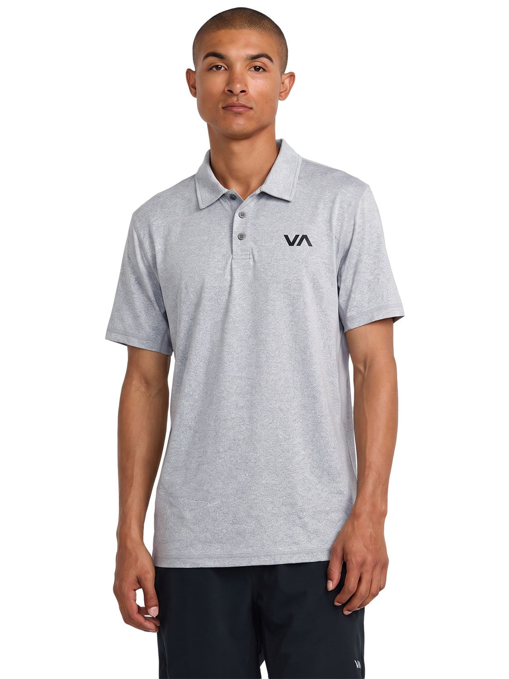 Grey short-sleeve polo shirt with a  'VA' logo on the left chest. Front View
