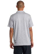 Grey short-sleeve polo shirt with a black RVCA logo printed vertically near the lower left side. Back View