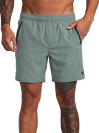 Green athletic shorts featuring a small 'VA' logo on the lower left hem. Front View
