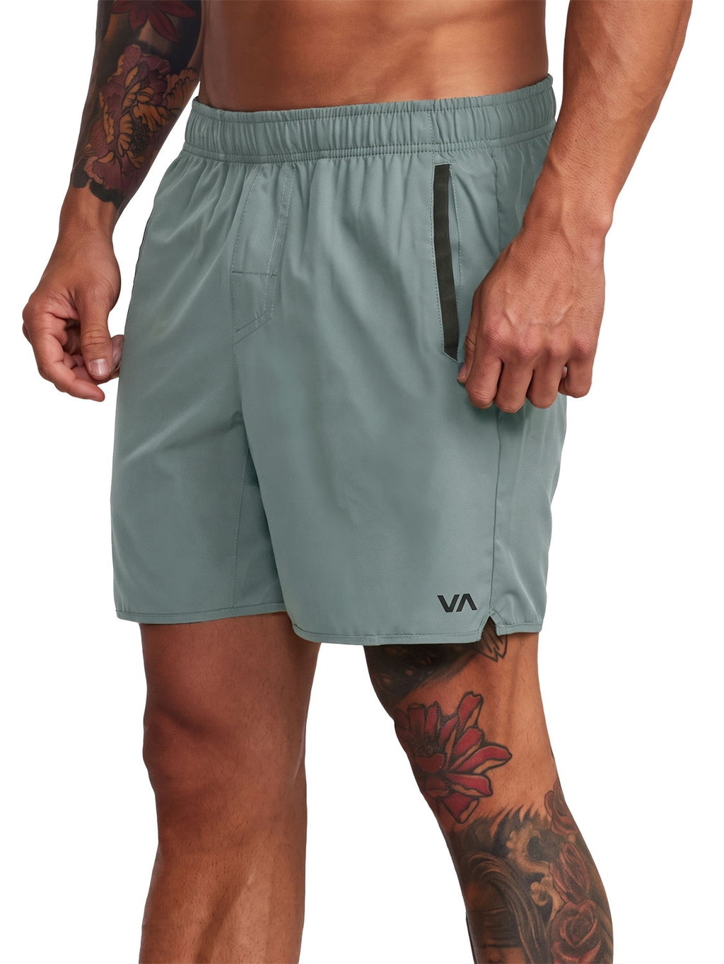 Green athletic shorts. The shorts feature a small white 'VA' logo on the lower left hem. Side View