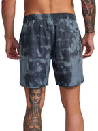 Dark grey tie-dye athletic shorts with a small black logo patch on the back pocket. Back View.
