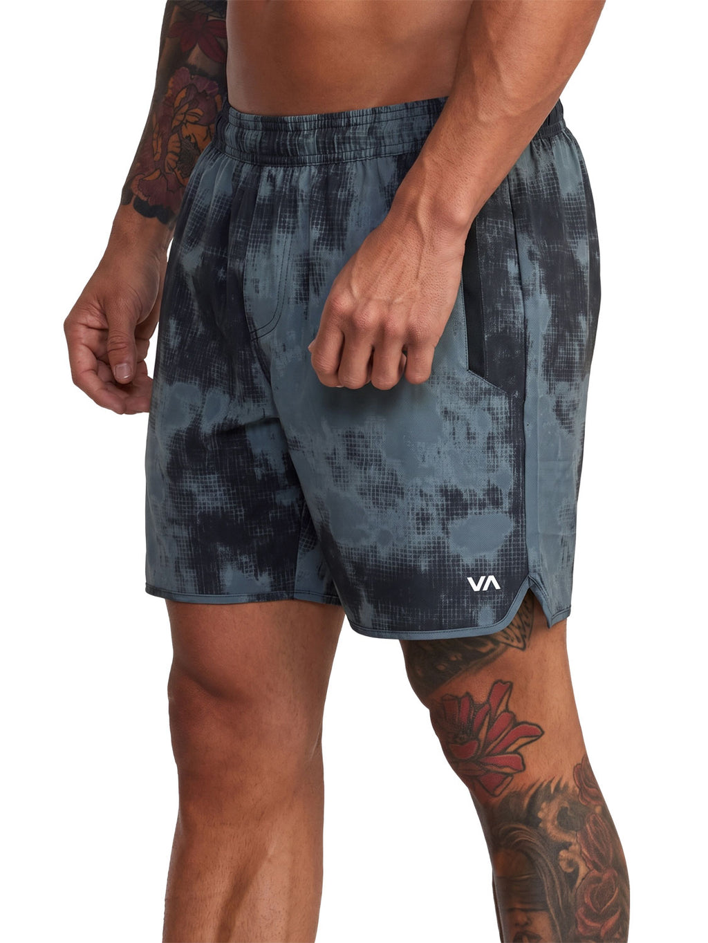 Dark Grey athletic shorts with a tie-dye pattern. The shorts feature a small white 'VA' logo on the lower left hem. Side View