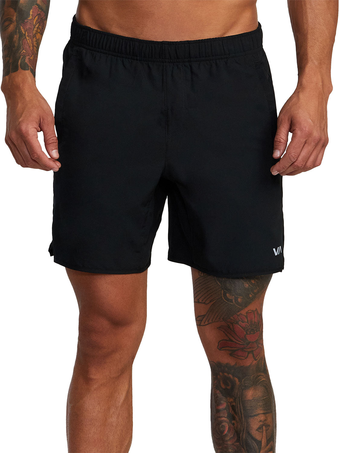 Black athletic shorts featuring a small 'VA' logo on the lower left hem. Front View
