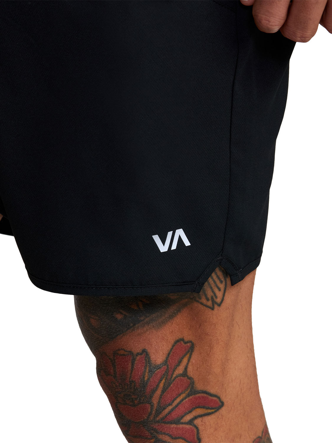 Black athletic shorts featuring a small 'VA' logo on the lower left hem. Front Close Up View