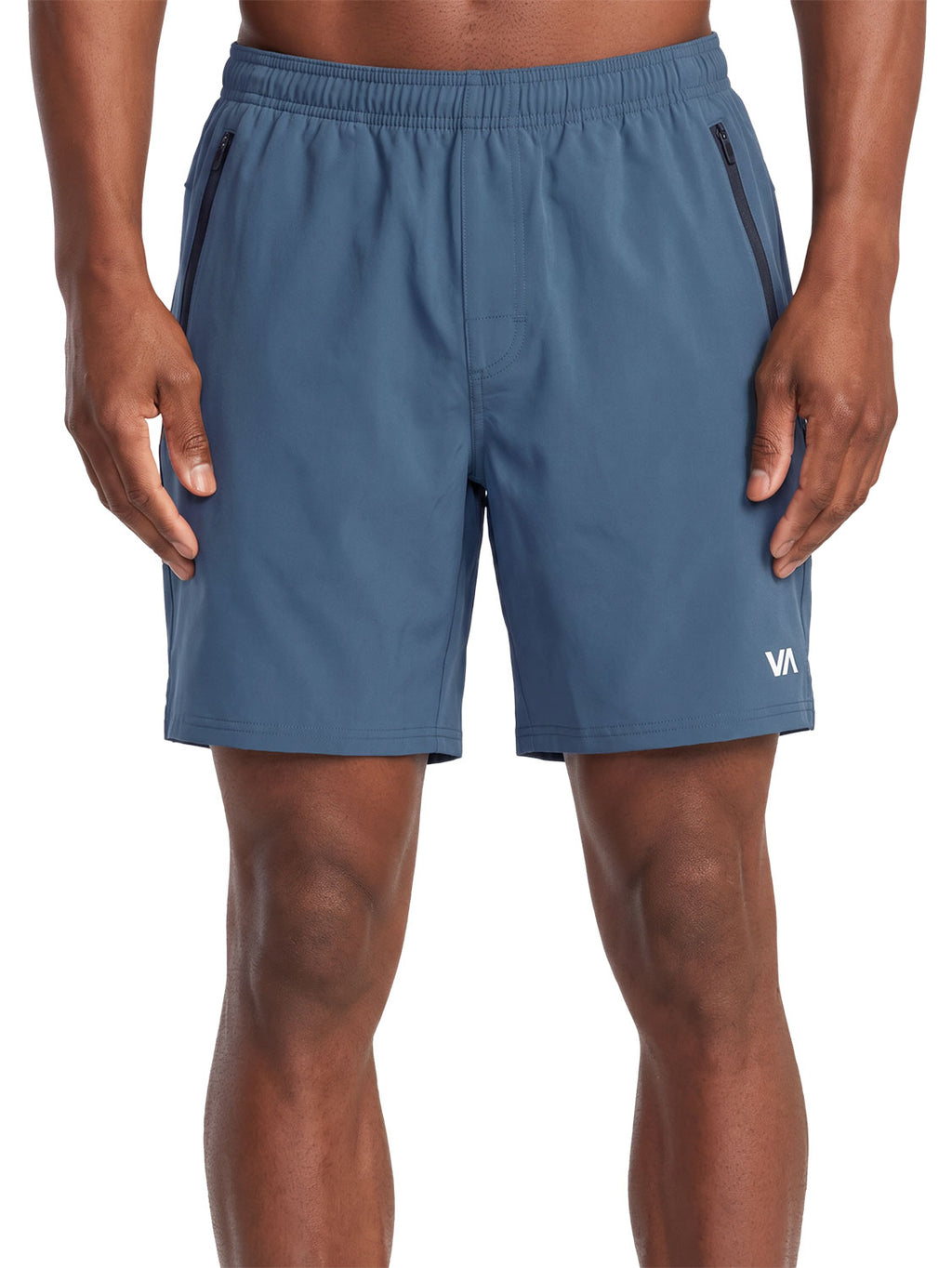 Blue athletic shorts featuring a small 'VA' logo on the lower left hem. Front View