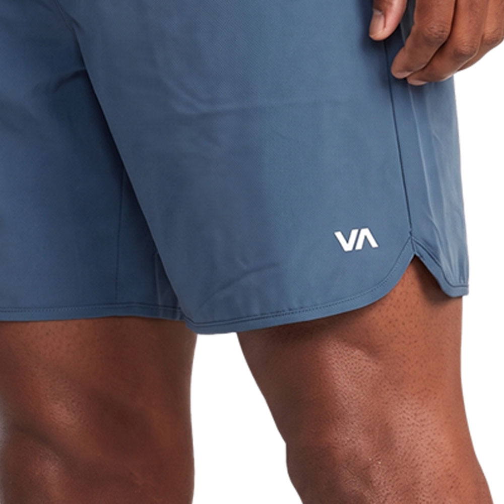 Blue athletic shorts featuring a small 'VA' logo on the lower left hem. Front Close Up View