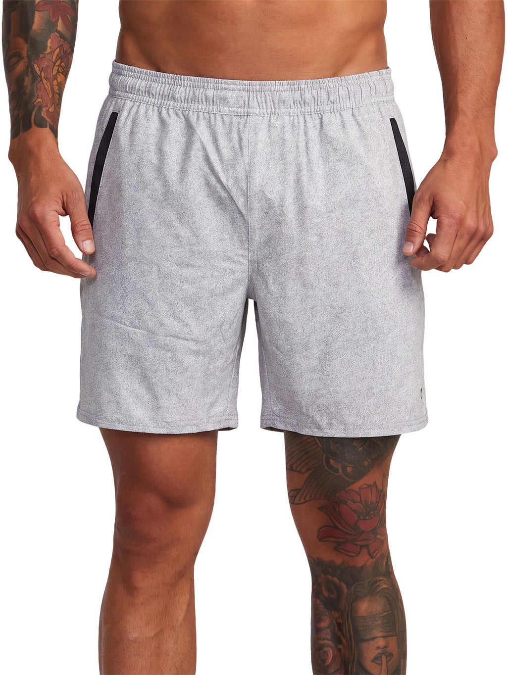 Greyathletic shorts featuring a small 'VA' logo on the lower left hem. Front View