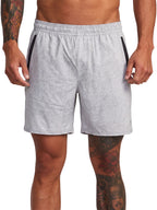 Greyathletic shorts featuring a small 'VA' logo on the lower left hem. Front View