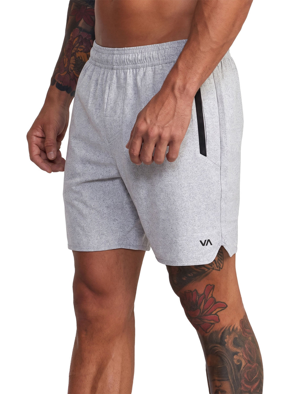 Grey athletic shorts featuring a small 'VA' logo on the lower left hem. Front Side View
