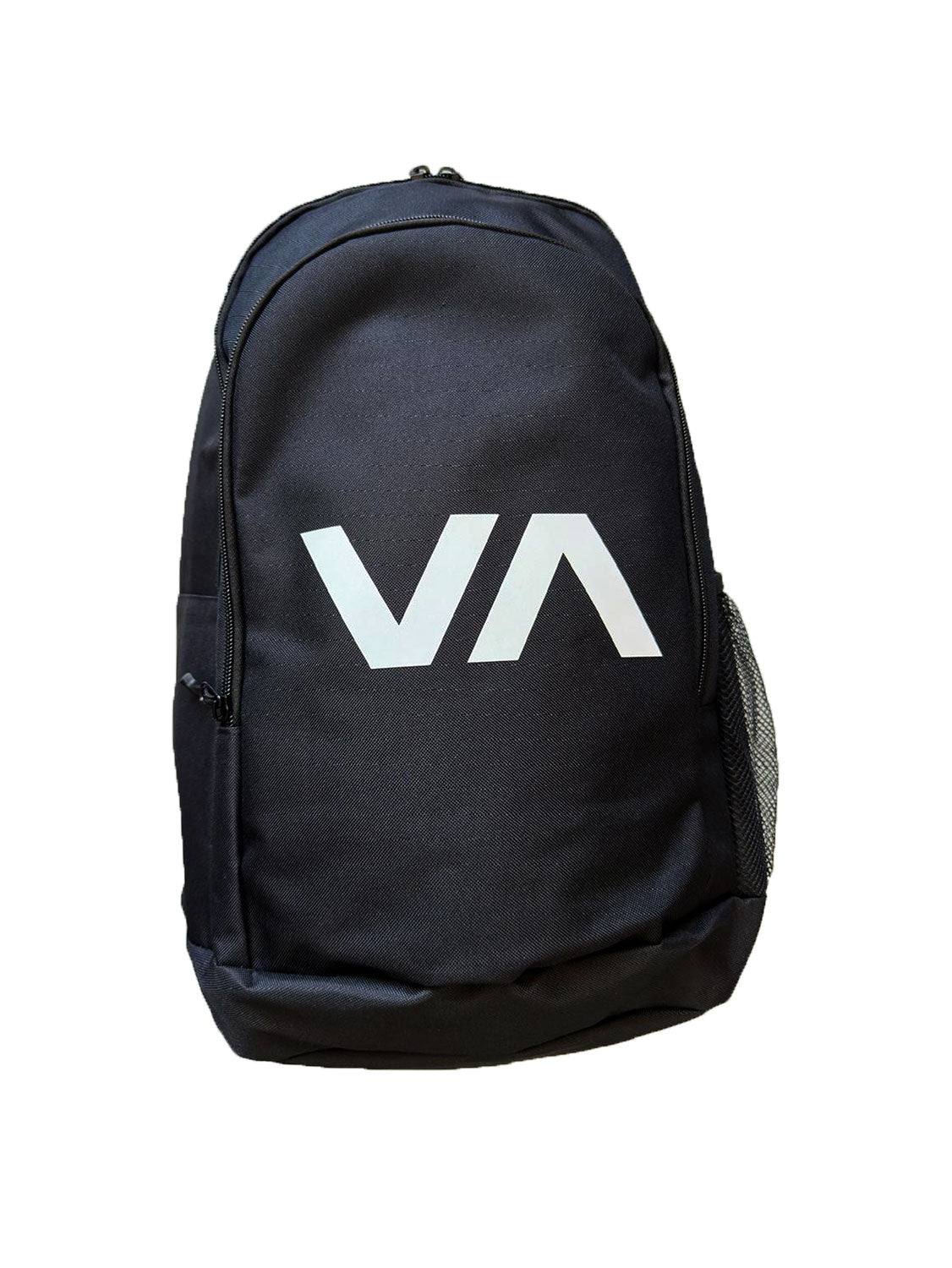 Black backpack with a white logo on a white background - Front View