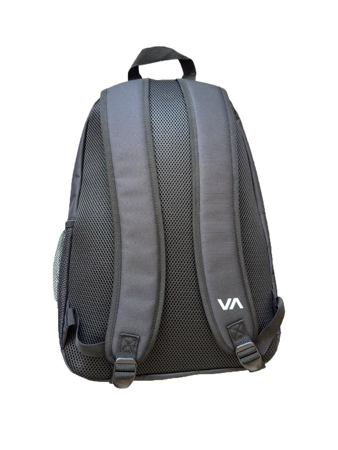 Black backpack with a white logo on a white background - Back View